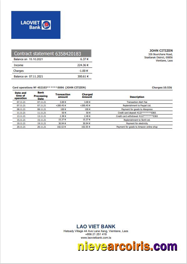 Laos Lao Viet Bank statement in Word and PDF format